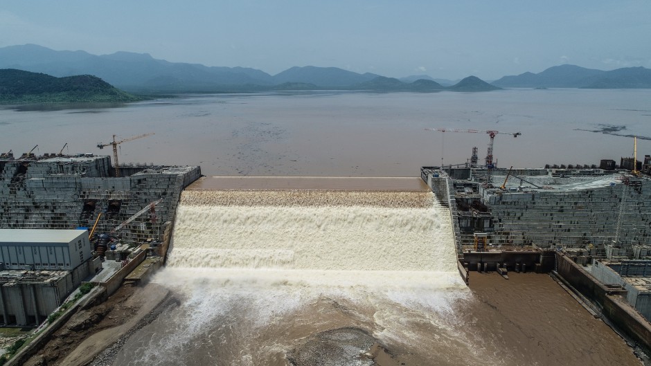 An aerial view of the Grand Ethiopian Renaissance Dam on the Blue Nile River in Guba, northwest Ethiopia.