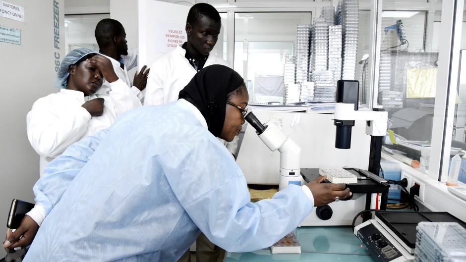 Scientific staff work in a secure laboratory, researching the coronavirus, at the Pasteur Institute in Dakar.