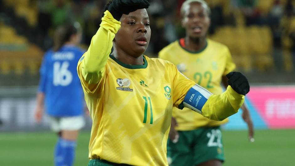 South Africa's forward #11 Thembi Kgatlana celebrates scoring her team's third goal during the Australia and New Zealand 2023 Women's World Cup Group G football match between South Africa and Italy at Wellington Stadium in Wellington on August 2, 2023.