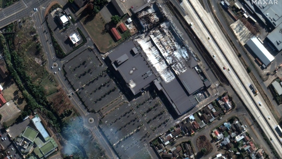 This satellite image released by Maxar Technologies shows the looted and burned Brookside Mall in Pietermaritzburg, South Africa on July 16, 2021.