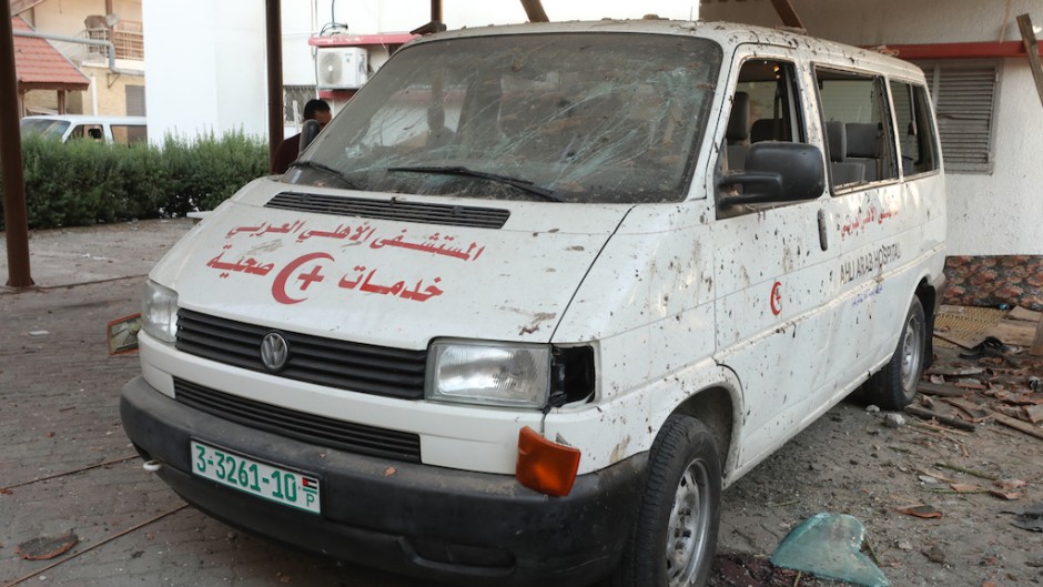 A damaged ambulance is grounded at Ahli Arab hospital in central Gaza following a blast which ripped through it a day earlier killing hundreds. AFP/Dawood Nemer