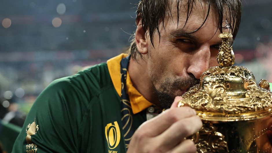 South Africa's lock Eben Etzebeth kisses the Webb Ellis Cup as South Africa's players celebrate winning the France 2023 Rugby World Cup final match against New Zealand at the Stade de France in Saint-Denis, on the outskirts of Paris, on October 28, 2023.