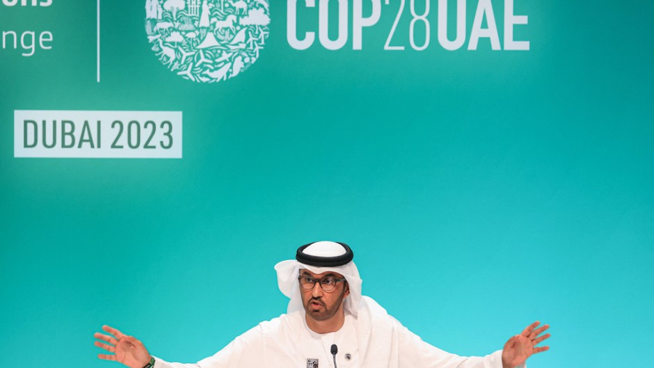 COP28 president Sultan Ahmed Al Jaber speaks during a press conference at the United Nations climate summit in Dubai. AFP/Karim Sahib 