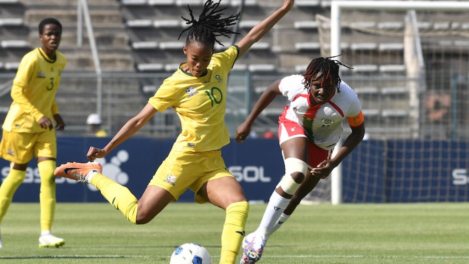 Linda Motlhalo of South Africa during the 2024 WAFCON Qualifier match between South Africa and Burkina Faso. Sydney Mahlangu/BackpagePix