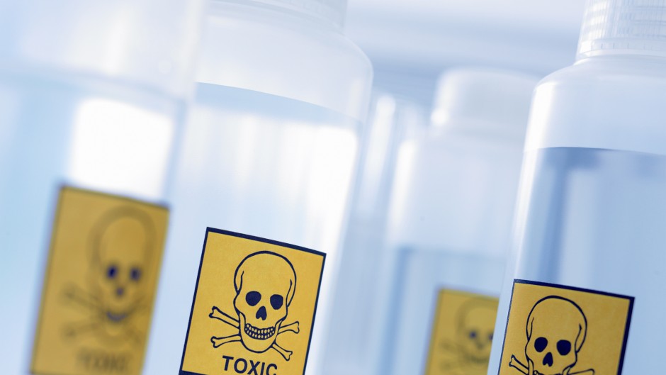 File: Bottles with toxic labels. GettyImages/Adam Gault