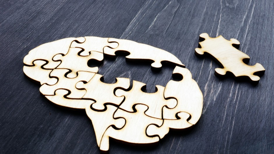 File: Brain from wooden puzzle pieces representing mental health and problems with memory. GettyImages/designer491