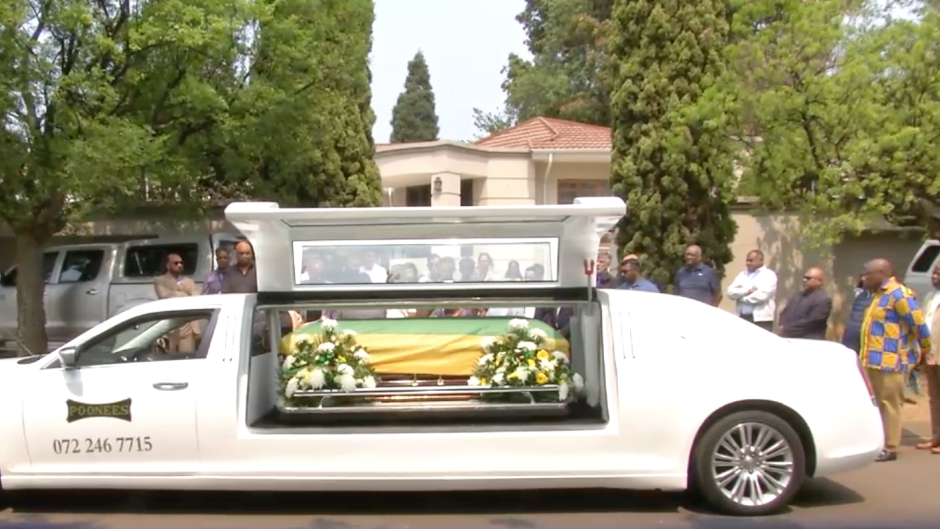 Pravin Gordhan's body leaves his family home in Pretoria. 