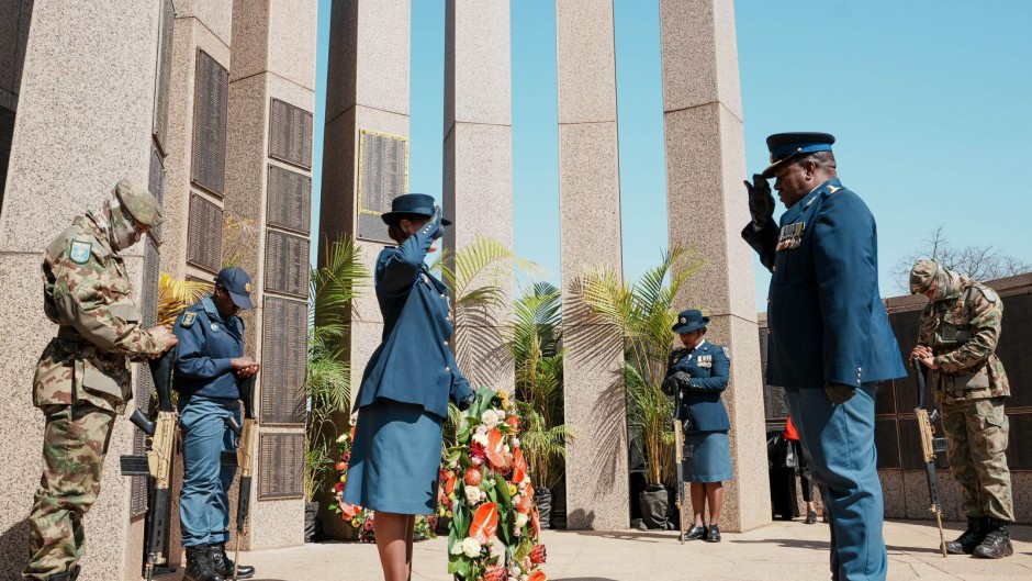 National Police Commissioner, Fannie Masemola gives a salute to officers killed on duty during the SAPS Commemoration Day in the Union Buildings in Pretoria