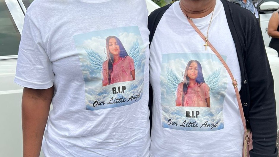 Photo of Zarah Ramsamy on Tshirts during her funeral in Mayville, Durban