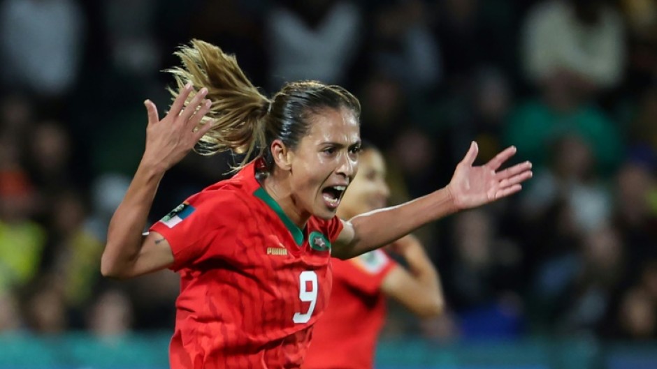 Morocco's forward 09 Ibtissam Jraidi celebrates her team's first goal