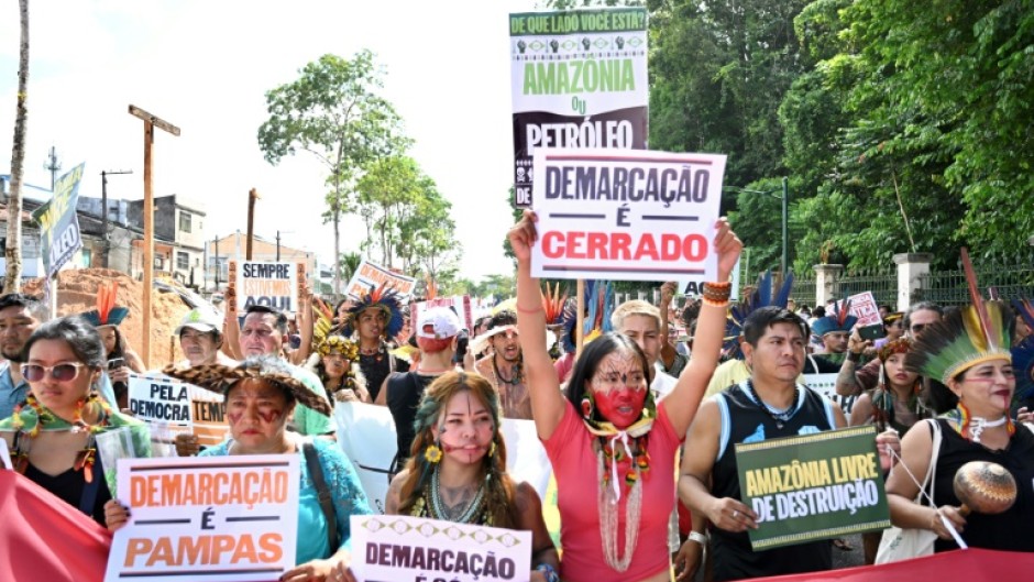 Indigenous groups, such as this one protesting over land rights in Brasilia in June 2023, are seen as vital buffers against Amazon deforestation