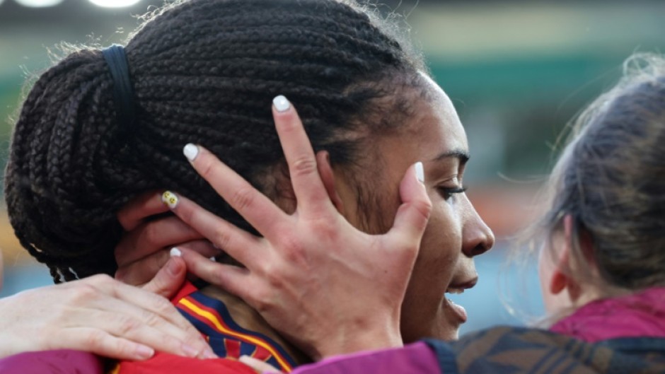 Spain's forward Salma Paralluelo celebrates with teammates 