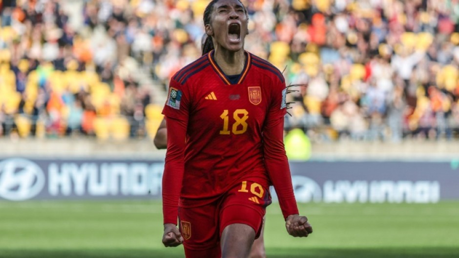 Salma Paralluelo celebrates after scoring Spain's winning goal in the Women's World Cup quarter-final against the Netherlands