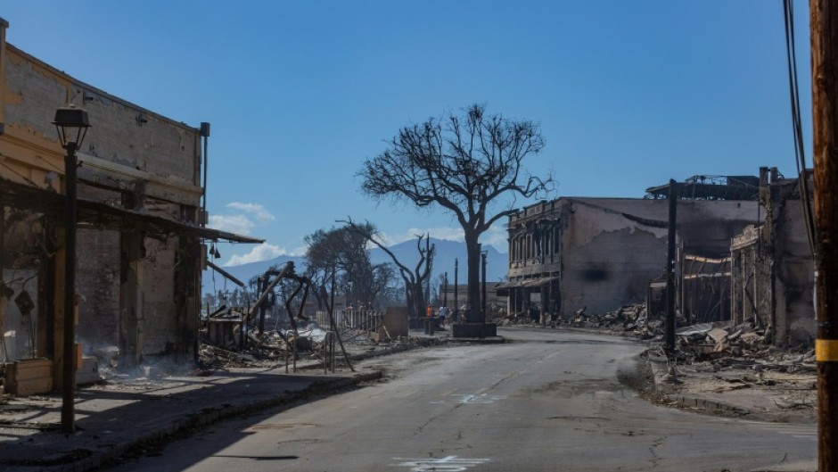 Destroyed buildings along Front Street in the aftermath of a wildfire in Lahaina, western Maui, Hawaii 