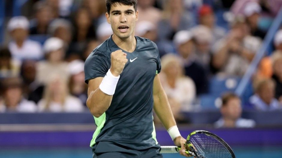 Carlos Alcaraz celebrates during his gruelling Cincinnati Open win over Australia's Jordan Thompson