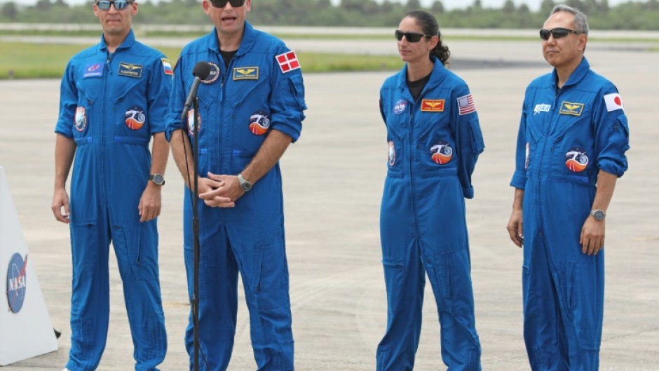 Crew-7 members speak on their arrival at the Kennedy Space Center in Florida