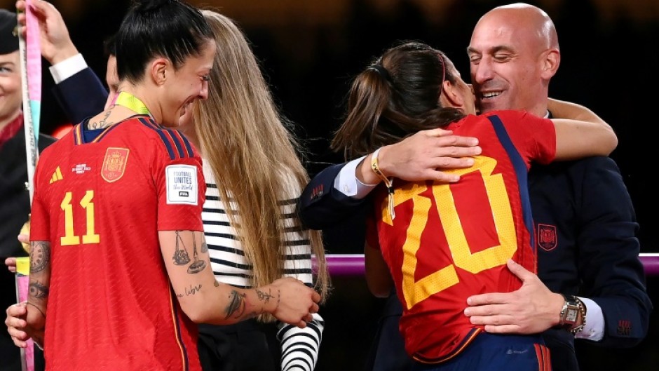 At the presentation after the World Cup final Luis Rubiales hug defender Rocio Galvez while the next player in line, Jenni Hermoso, collects her winner's medal. Rubiales then kissed Hermoso on the lips drawing wide-spread criticism