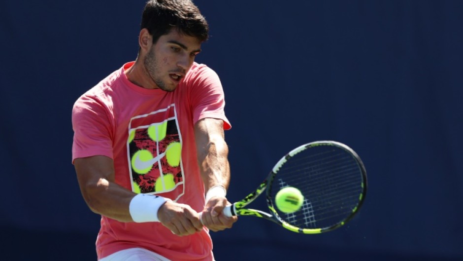 Carlos Alcaraz practises ahead of his US Open title defence