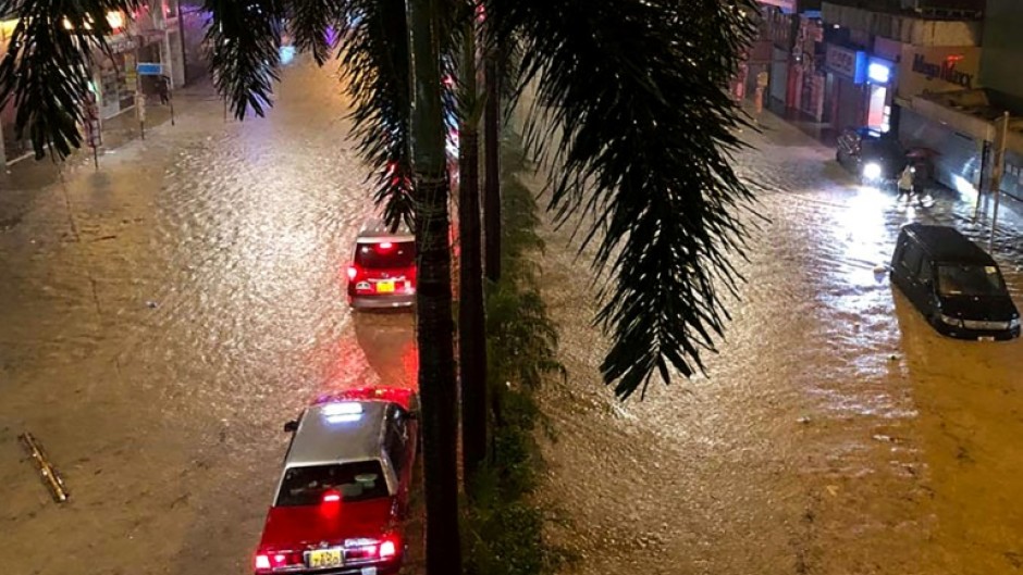 A flooded street after heavy rainstorms in Hong Kong