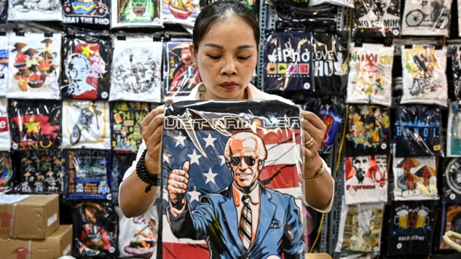 A souvenir shop in Hanoi stocks T-shirts for US President Joe Biden's visit