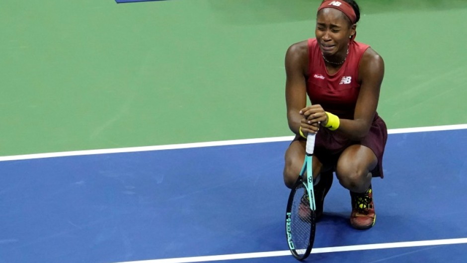 Coco Gauff reacts after winning her maiden Grand Slam at the US Open on Saturday