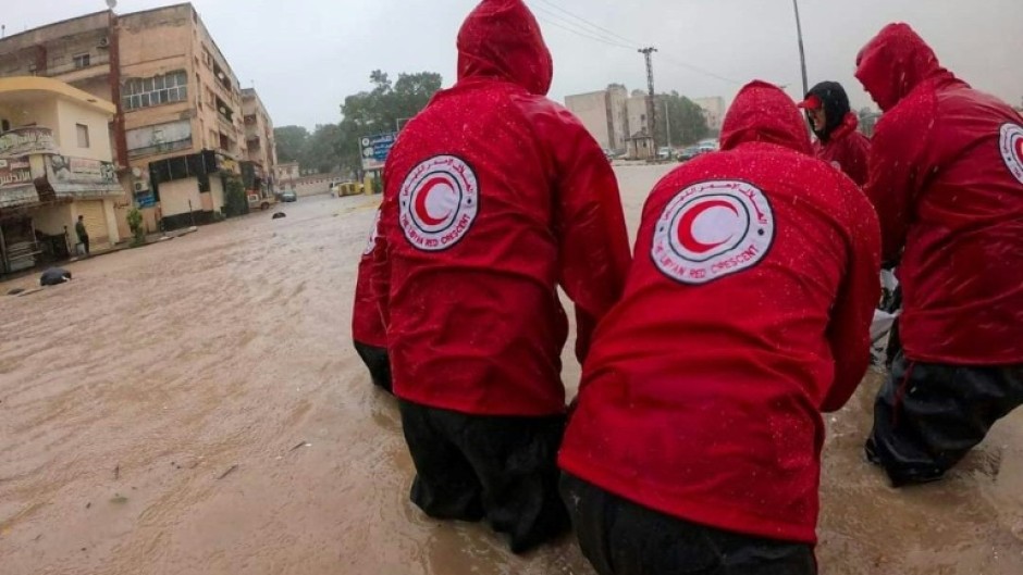 Libyan Red Crescent rescuers in the flood-hit town of al-Bayda 