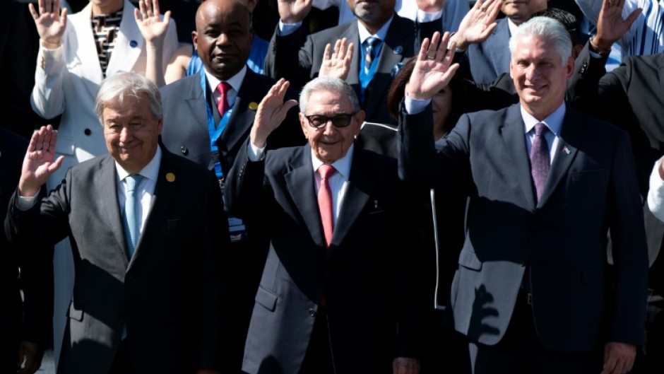 Cuban former president Raul Castro (C), Cuban President Miguel Diaz Canel (R), and United Nations General Secretary Antonio Guterres attend the G77+China summit in Cuba