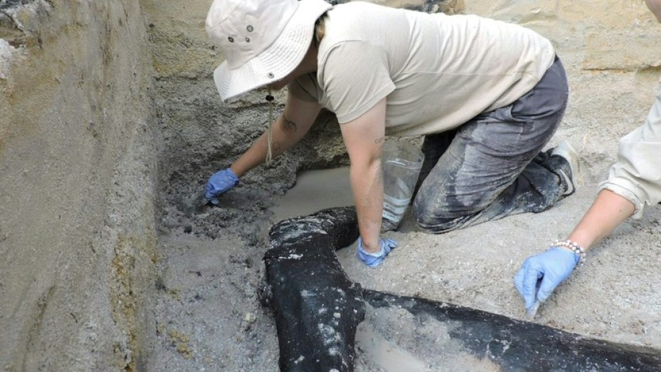 Archaeologists excavating the prehistoric wooden structure at Kalambo Falls in Zambia