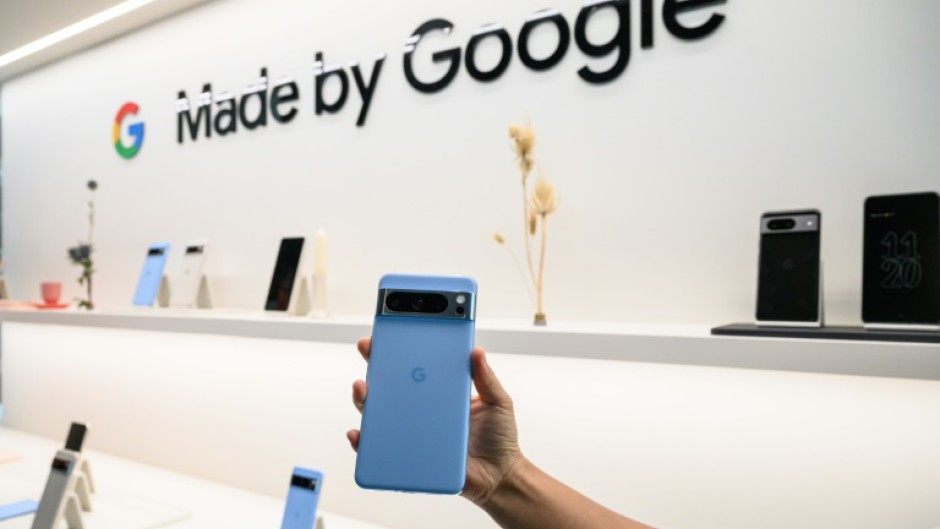 A Google Pixel 8 pro phone is displayed during a product launch event  in New York