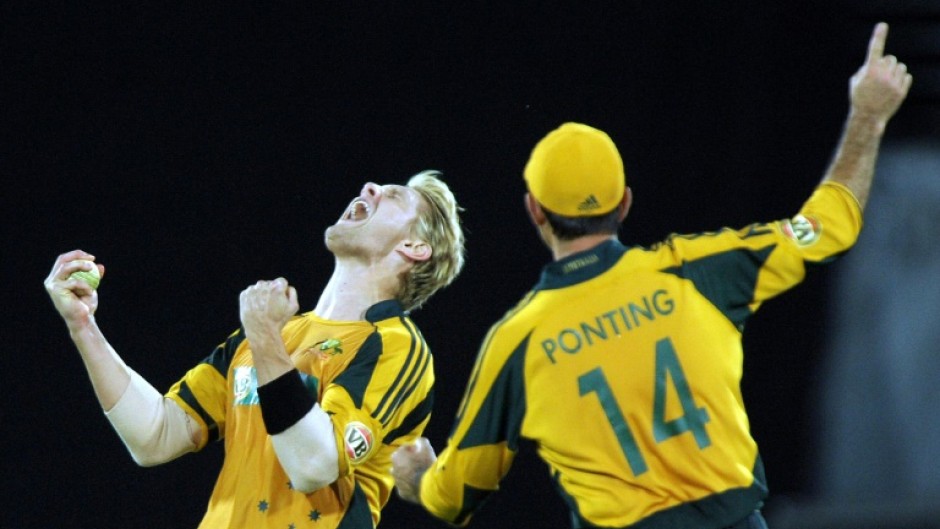 Moment of victory: Shane Watson (left) with captain Ricky Ponting at the 2009 match in Hyderabad