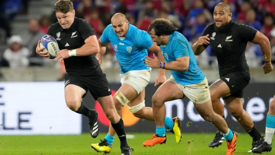 New Zealand full-back Beauden Barrett (left) scored two conversions in the 73-0 thrashing of Uruguay at the Rugby World Cup