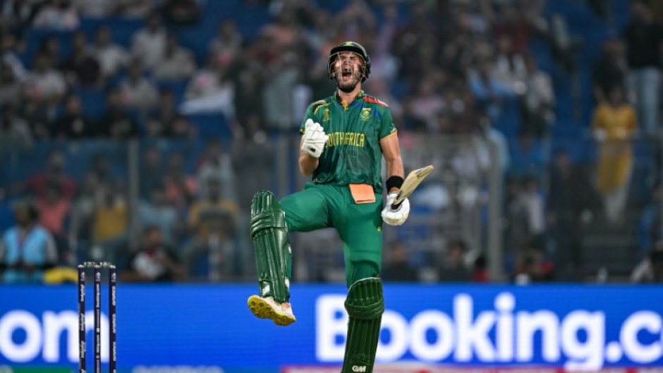 South Africa's Aiden Markram celebrates after scoring the fastest World Cup century