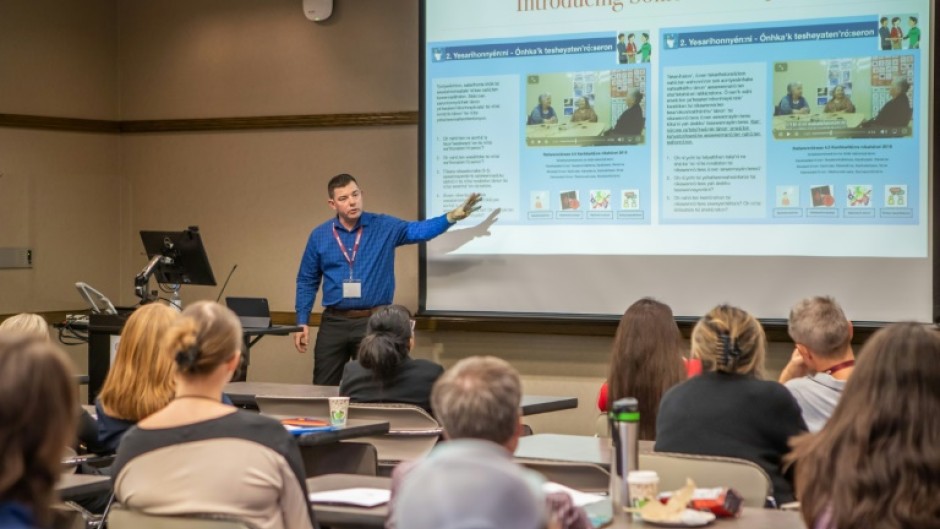 Attendees listen during the ICILDER 2023 Conference (International Conference on Indigenous Language Documentation, Education, and Revitalization) in Bloomington, Indiana, on October 13, 2023