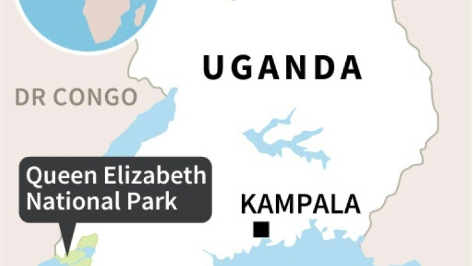 Map of Uganda locating the Queen Elizabeth National Park, where three people were killed 