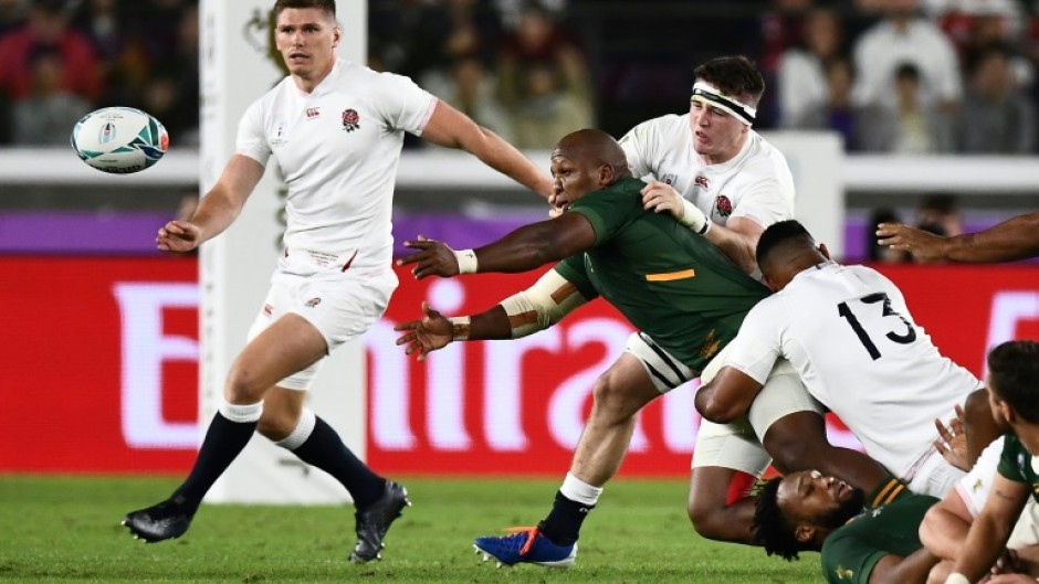 South Africa hooker Bongi Mbonambi (C) waits to learn if he is cited over making an alleged racial slur aimed at England flanker Tom Curry (2nd R)