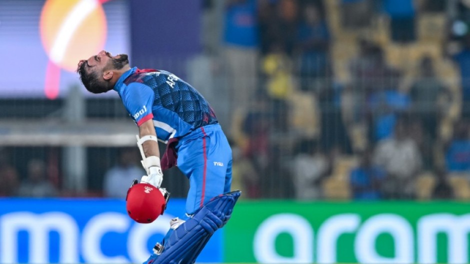 Captain fantastic: Afghanistan skipper Hashmatullah Shahidi celebrates after hitting the winning runs against Pakistan