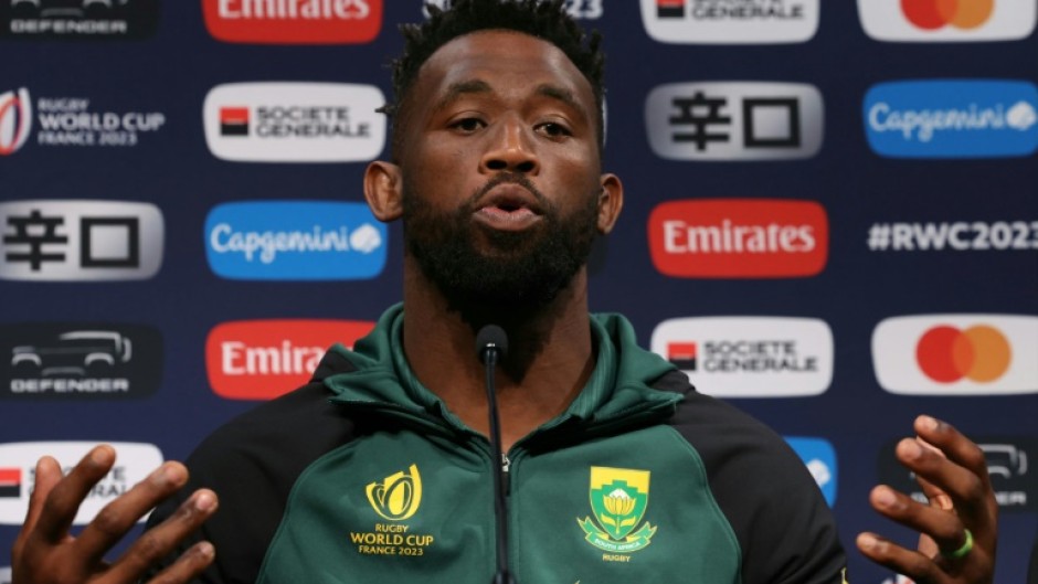 South Africa captain Siya Kolisi speaks after the team announcement for the Rugby World Cup final against New Zealand