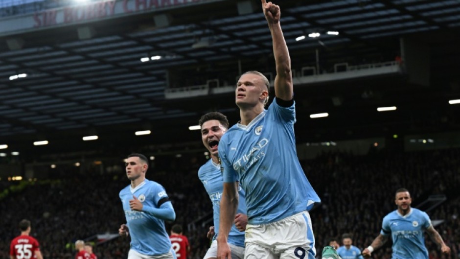 Erling Haaland (centre) scored twice in Manchester City's 3-0 win over Manchester United