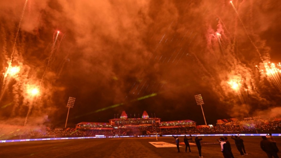 Blight night: Fireworks are seen at the end of the World Cup match between Australia and New Zealand at Dharamsala on October 28