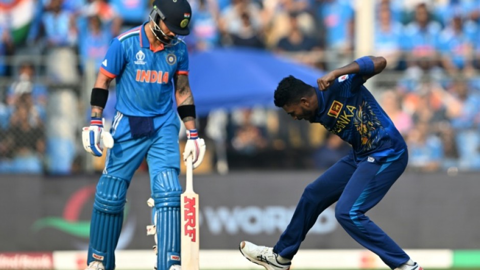 Big moment: Sri Lanka's Dilshan Madushanka celebrates after taking the wicket of India's Virat Kohli