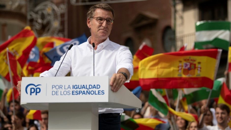 Partido Popular's leader Alberto Nunez Feijoo speaks at a rally against plans to grant amnesty to Catalan separatists, in Malaga