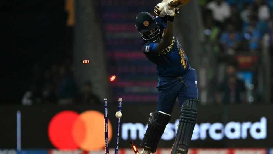 Sri Lanka's Angelo Mathews is clean-bowled by India's Mohammed Shami 