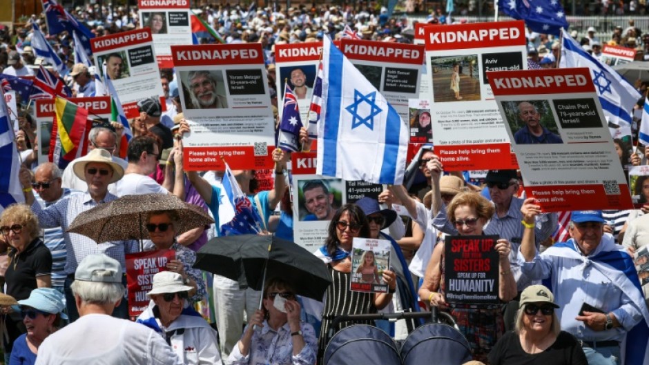 Australian Jewish community members rally in Sydney for hotages take in the Hamas attack on Israel