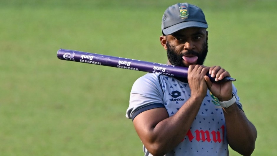 South Africa captain Temba Bavuma takes a break during a practice session for a Cricket World Cup semi-final against Australia in Kokata on Thursday