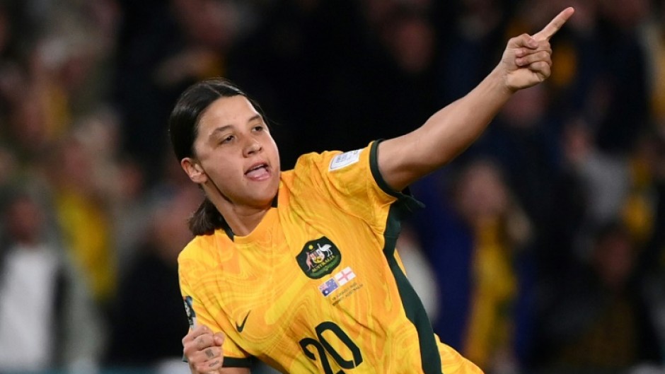 Sam Kerr celebrates scoring against England in the World Cup semi-finals