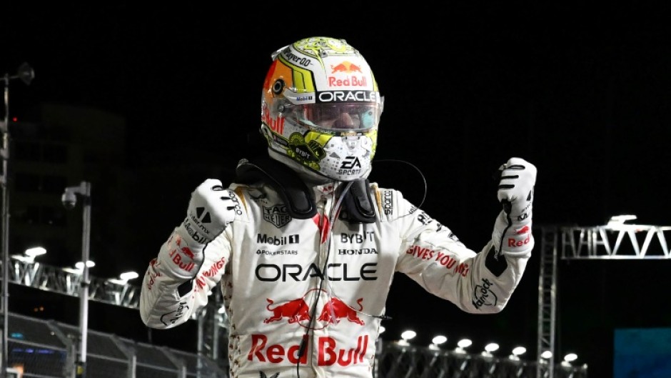 Red Bull Racing's Dutch driver Max Verstappen celebrates winning the Las Vegas Formula One Grand Prix on Saturday