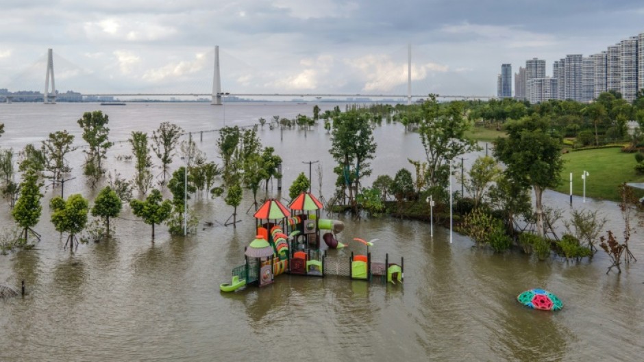 This aerial photo taken on July 28, 2020 shows a flooded sports ground along the Yangtze River in Wuhan in China's central Hubei province