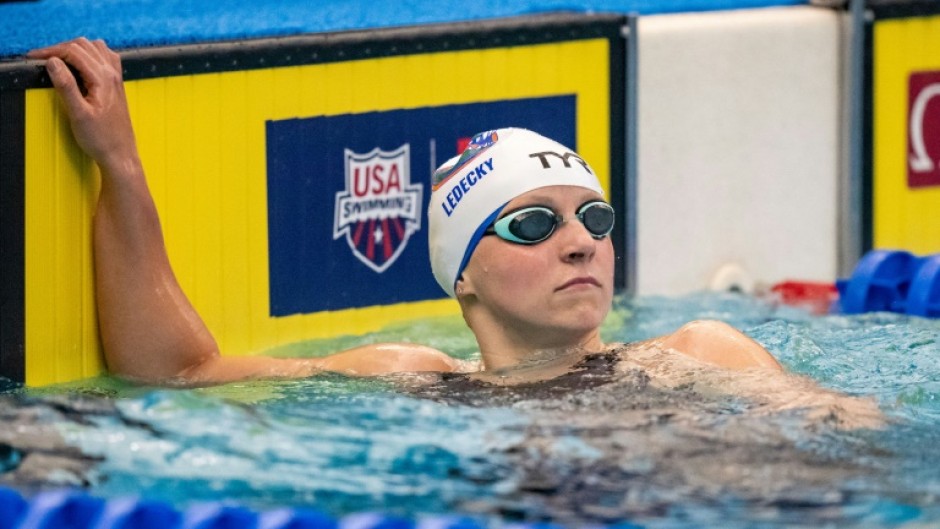 Seven-time Olympic champion Katie Ledecky reacts after winning the women's 800-meter freestyle final at the US Open 