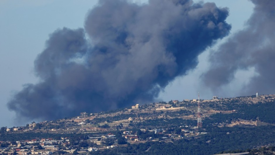 Smoke billows following an Israeli bombardment of hills close to the town of Marwahin in southern Lebanon