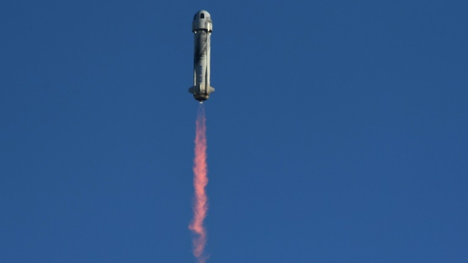 A Blue Origin rocket takes off in Texas in March 2022 